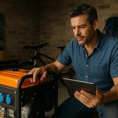 Australian man reviewing portable generator in garage with tablet