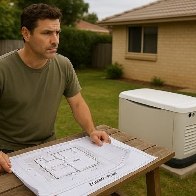 Australian man holding site plan beside standby generator in backyard