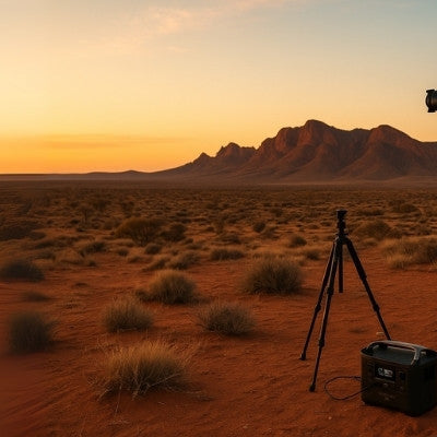 photographer in outback with EcoFlow portable power station at sunset