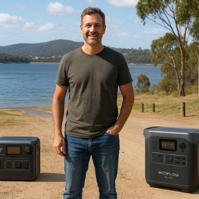 Australian outdoor scene with Bluetti AC180 and EcoFlow DELTA 3 portable power stations at lakeside