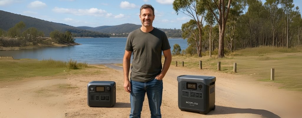 Australian outdoor scene with Bluetti AC180 and EcoFlow DELTA 3 portable power stations at lakeside