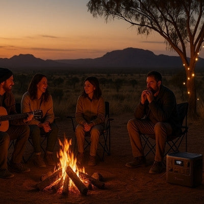 Australian campfire scene with friends and portable power station