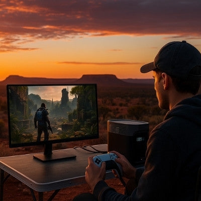 Australian outdoor gaming setup with portable power station and sunset