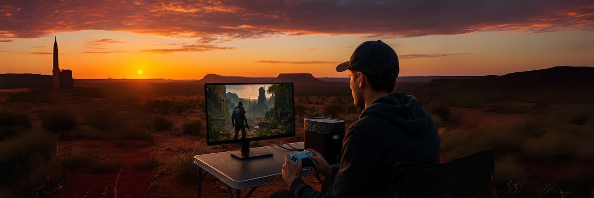 Australian outdoor gaming setup with portable power station and sunset