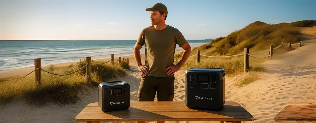 Australian explorer comparing Bluetti Elite 100 V2 and Bluetti AC180 portable power stations on beach