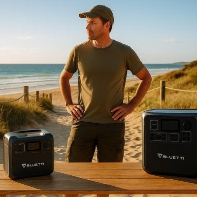 Australian explorer comparing Bluetti Elite 100 V2 and Bluetti AC180 portable power stations on beach