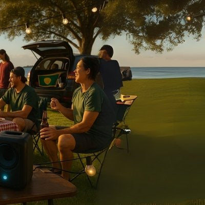 Outdoor Australian tailgate party powered by modern portable station