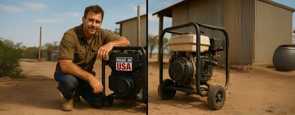 australian tradie kneeling usa made generator vs cheap model