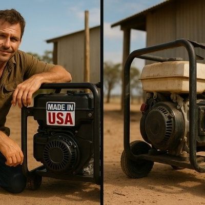 australian tradie kneeling usa made generator vs cheap model