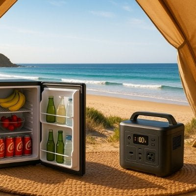 Mini-fridge and power-station on Australian beach campsite