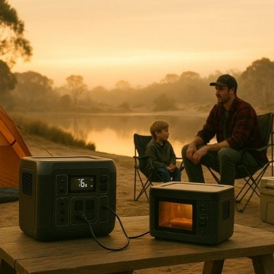 Aussie father and son camping by billabong with power station running lights