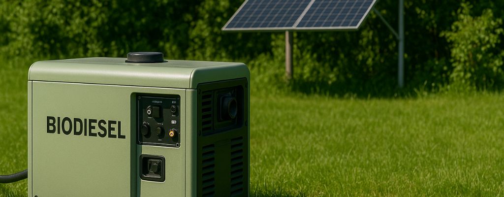 Biodiesel generator with solar panels in a green outdoor setting, eco-friendly energy theme.