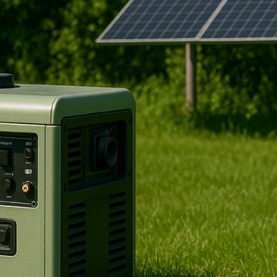 Biodiesel generator with solar panels in a green outdoor setting, eco-friendly energy theme.