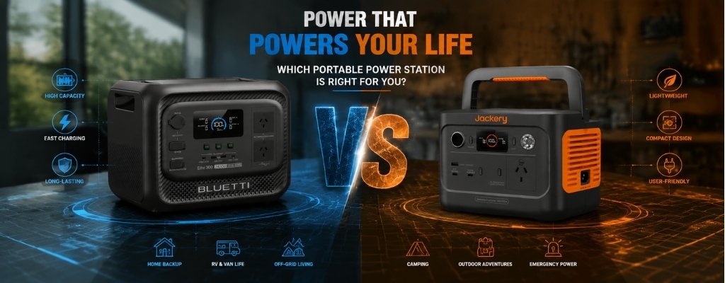 Infographic comparing the Bluetti Elite 300 and Jackery Explorer 300, highlighting their features such as high capacity, lightweight design, and suitability for various outdoor and emergency uses.