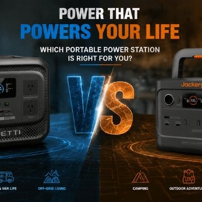 Infographic comparing the Bluetti Elite 300 and Jackery Explorer 300, highlighting their features such as high capacity, lightweight design, and suitability for various outdoor and emergency uses.