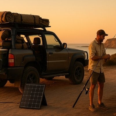 Rugged 4x4 ute with Bluetti and solar panel at sunrise campsite