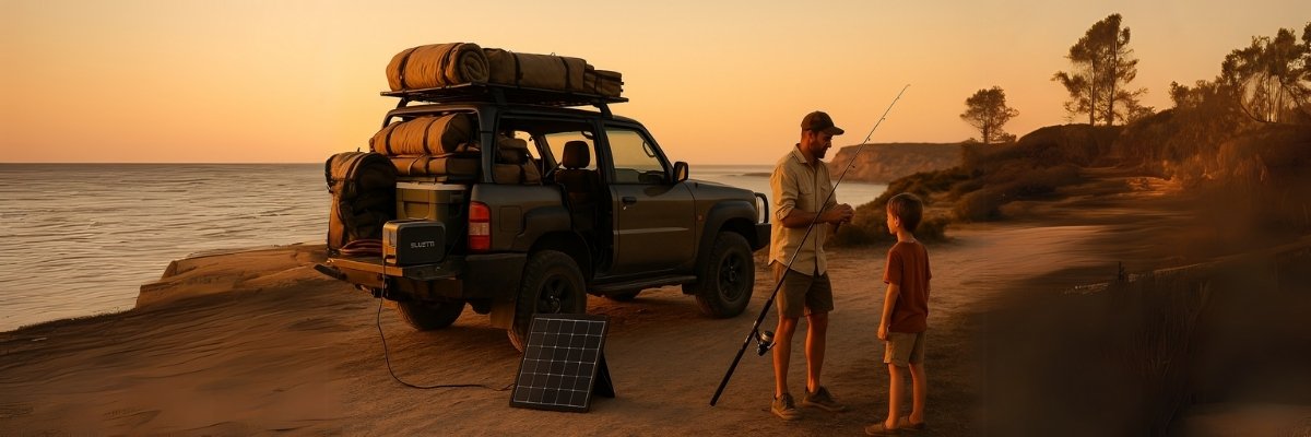Rugged 4x4 ute with Bluetti and solar panel at sunrise campsite