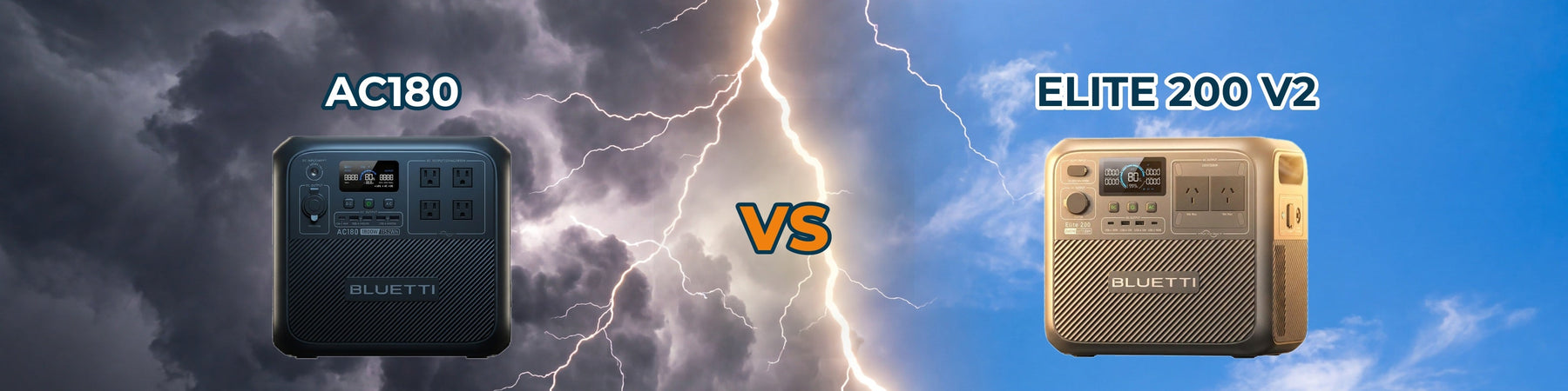 BLUETTI AC180 vs BLUETTI Elite 200 V2 portable power stations, storm and clear sky comparison banner