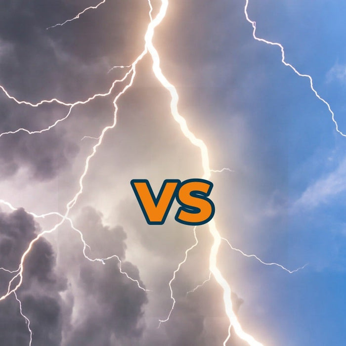 BLUETTI AC180 vs BLUETTI Elite 200 V2 portable power stations, storm and clear sky comparison banner