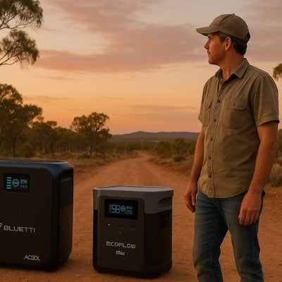 Australian man with Bluetti AC200L and EcoFlow Delta 2 Max portable power stations in rugged outback landscape