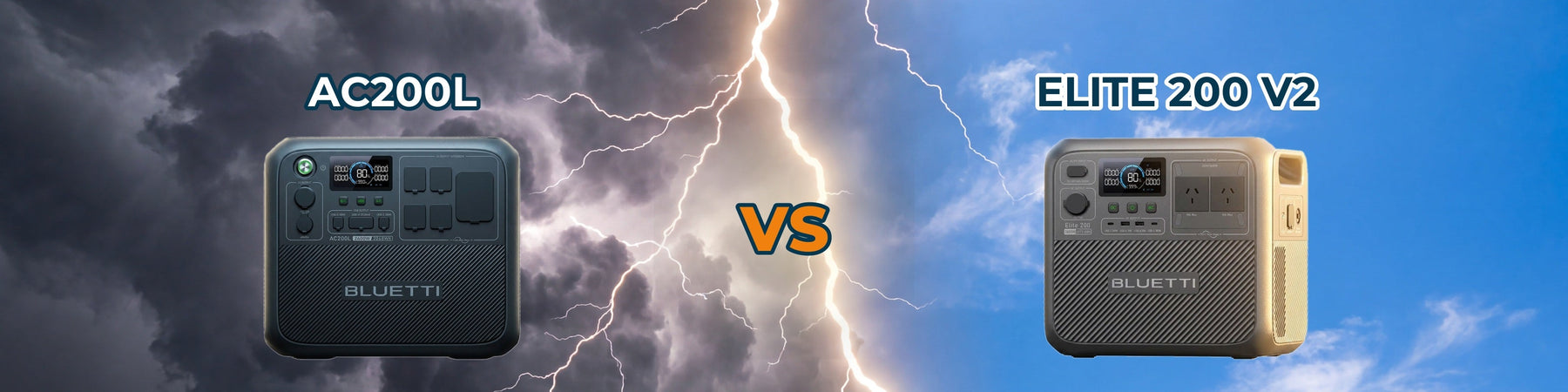 BLUETTI AC200L vs BLUETTI Elite 200 V2 portable power stations, storm and clear sky comparison banner