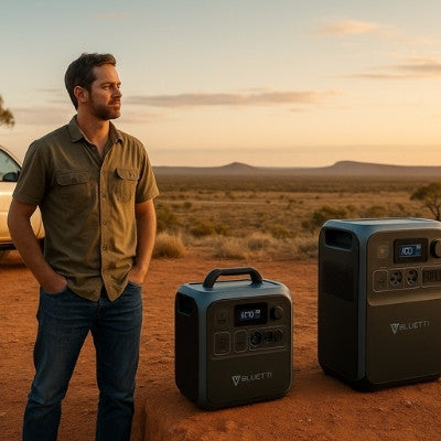 Australian man with Bluetti AC70 and AC180 portable power stations in outback
