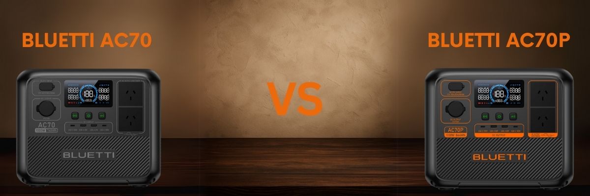 Side-by-side comparison of Bluetti AC70 and AC70P portable power stations on dark wooden table with stucco wall background