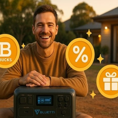 Happy Australian Bluetti user enjoying rewards, discounts, camping benefits