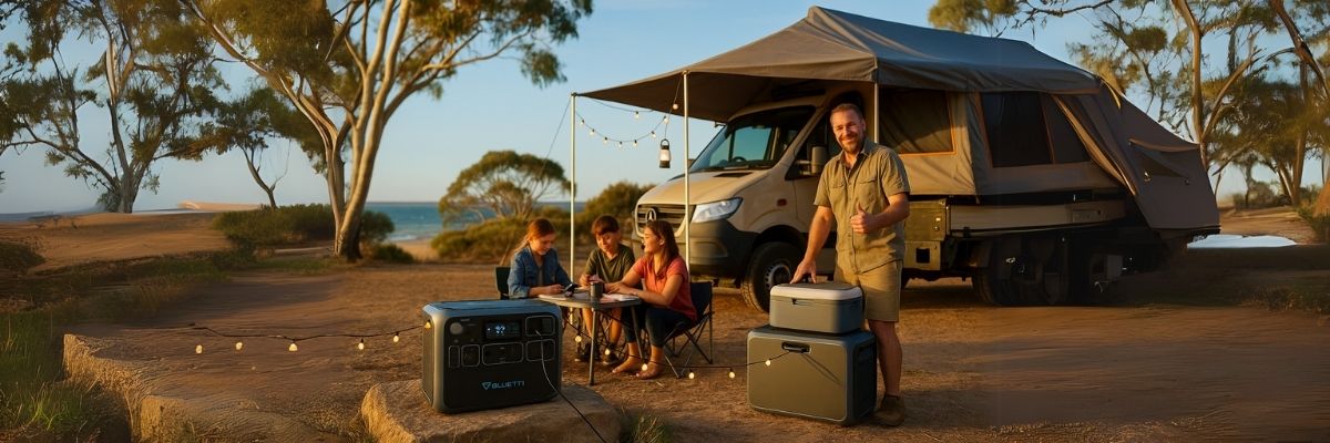 Family using Bluetti power station at Aussie campsite with van and ocean view