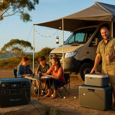 Family using Bluetti power station at Aussie campsite with van and ocean view