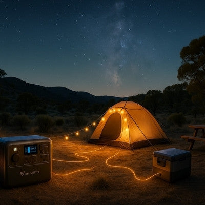 Bluetti portable power station powering tent, fridge, and phone in scenic Australian outback at night