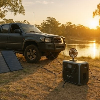 Bluetti charging via car and solar near outback river at sunset
