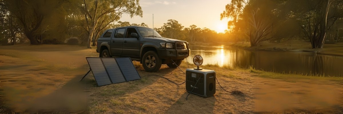 Bluetti charging via car and solar near outback river at sunset