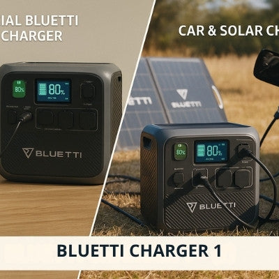 Bluetti charging via wall outlet, solar panel, and car adapter