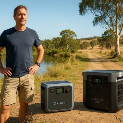 Australian man comparing Bluetti AC70 and EcoFlow Delta 2 portable power stations outdoors