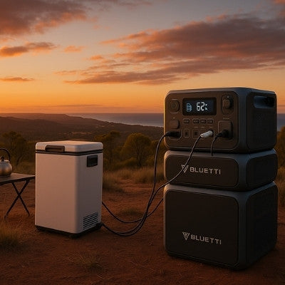 Bluetti expandable power station powering off-grid camp at Australian sunset