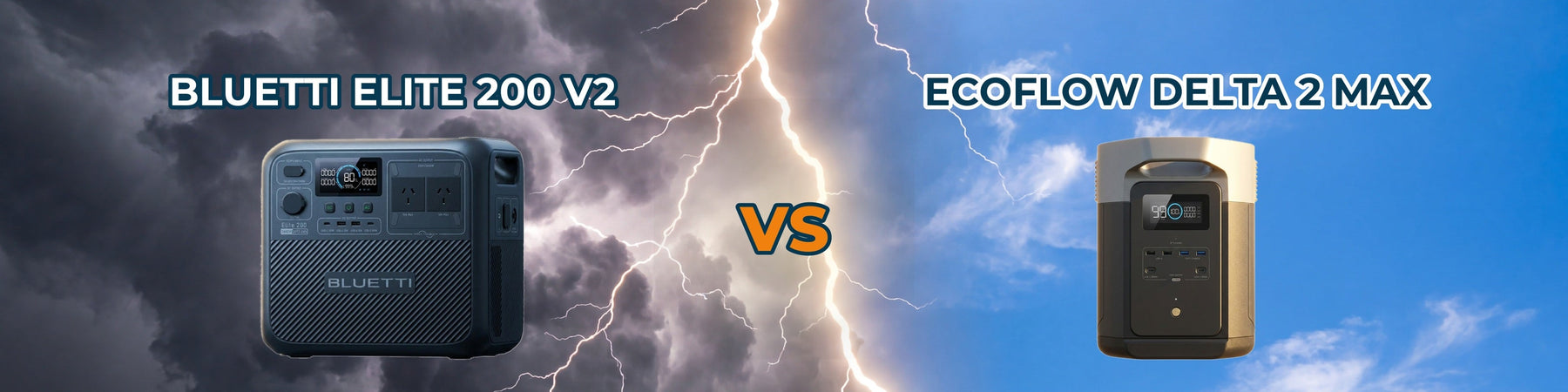 BLUETTI Elite 200 V2 vs EcoFlow Delta 2 Max portable power stations, storm and clear sky comparison banner