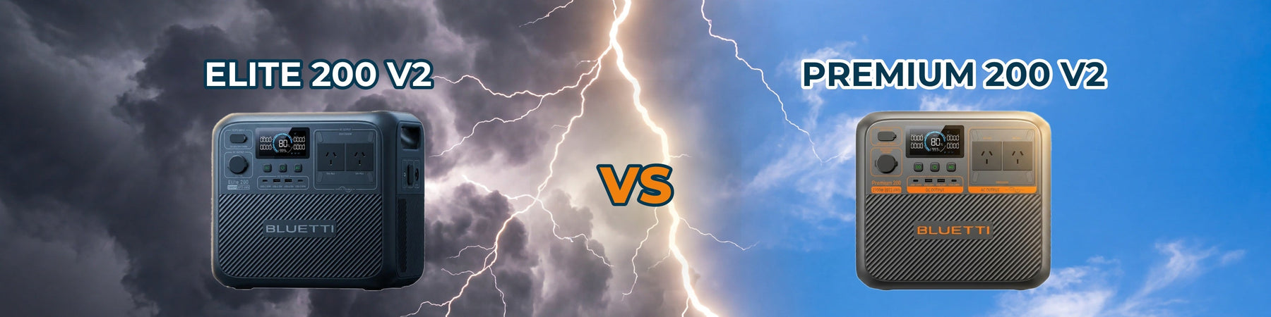 BLUETTI Elite 200 V2 vs BLUETTI Premium 200 V2 portable power stations, storm and clear sky comparison banner