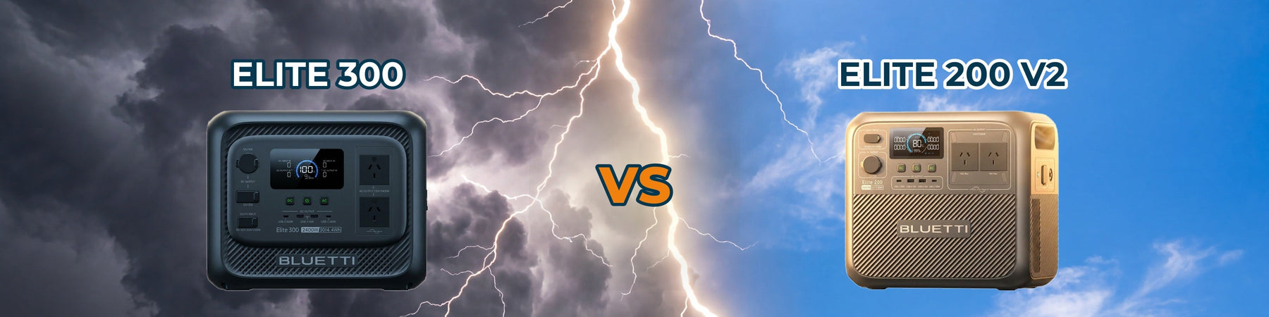 BLUETTI Elite 300 vs BLUETTI Elite 200 V2 portable power stations, storm and clear sky comparison banner