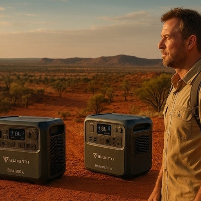Australian explorer with Bluetti Elite 200 V2 and Premium 200 V2 in rugged outback