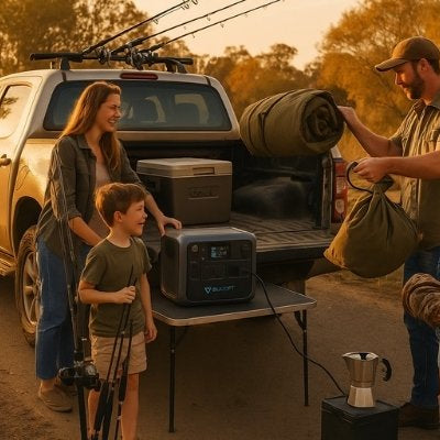 Family packing 4WD with Bluetti for Aussie camping adventure at sunset