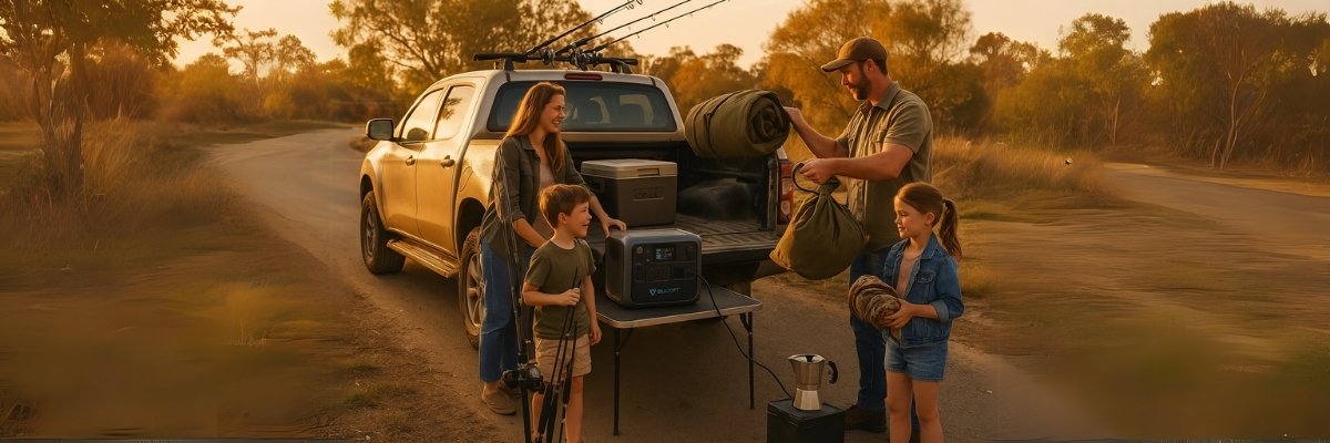 Family packing 4WD with Bluetti for Aussie camping adventure at sunset