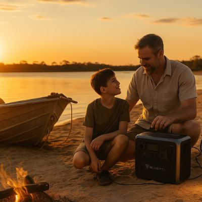 Father and son with Bluetti by boat at sunset bush camp