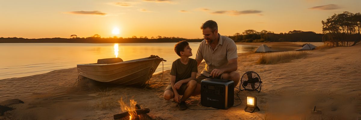Father and son with Bluetti by boat at sunset bush camp