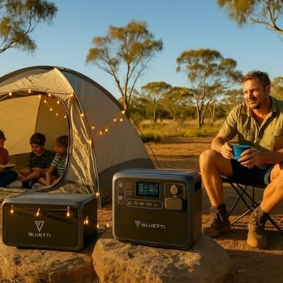 Bluetti powering LED lights at serene Aussie family campsite with tent and trees