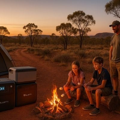 Family camping with Bluetti power station in Australian outback at dusk