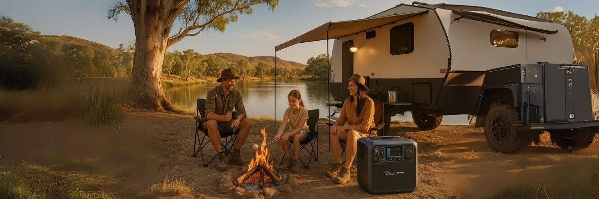 Family camping by river in Australian outback with Bluetti power station