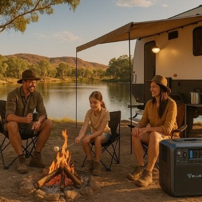 Family camping by river in Australian outback with Bluetti power station