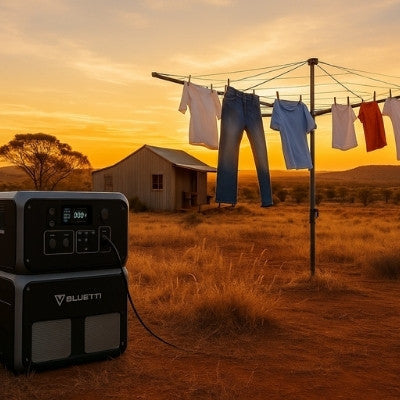 Bluetti powering laundry setup in remote outback with sunset view