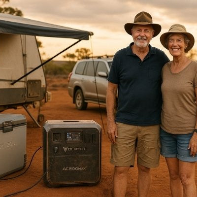 Bluetti AC200MAX powering fridge at Aussie outback campsite with grey nomads